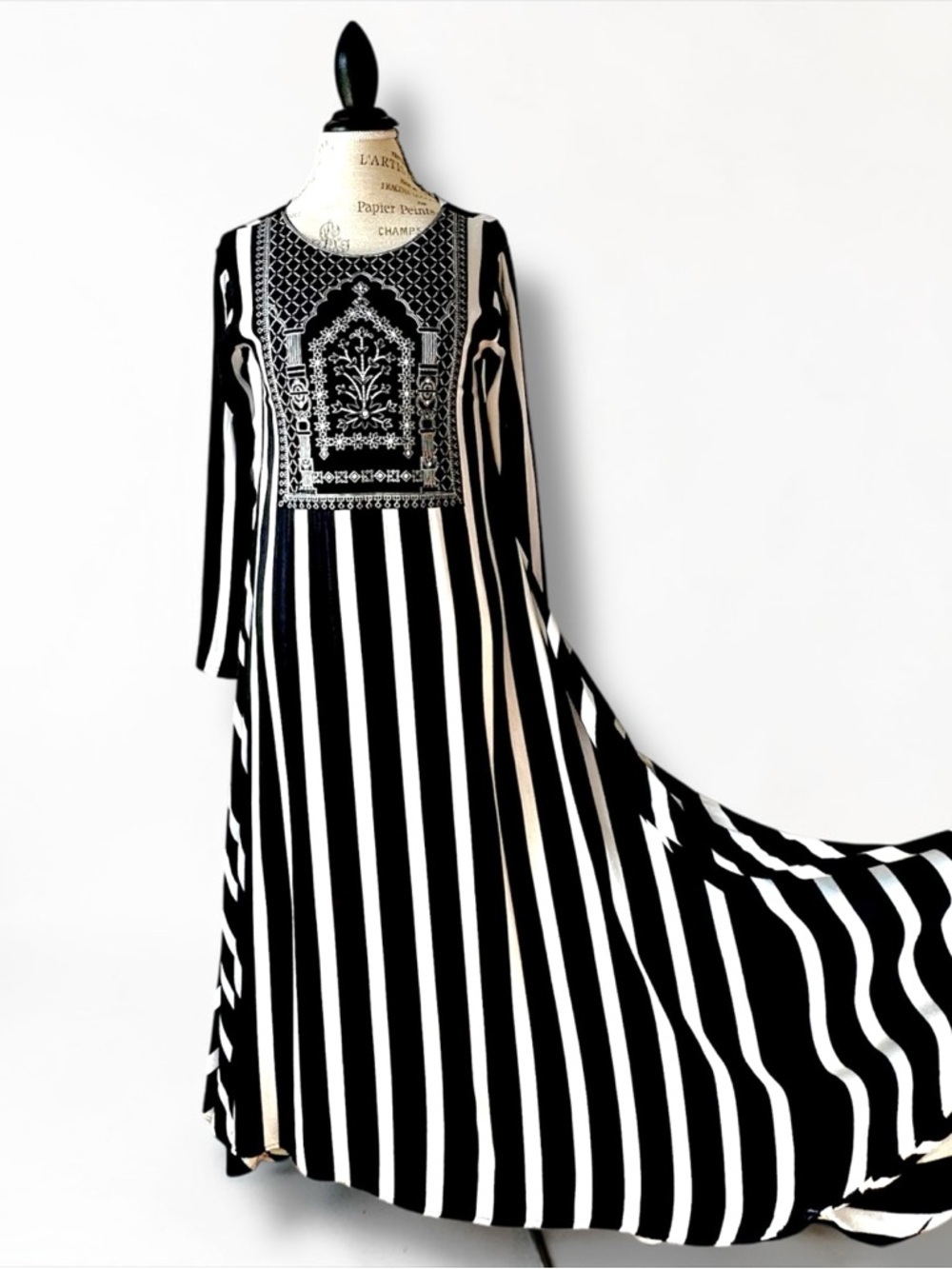 Chinyere Striped Embroidered Maxi Dress Black White Sequined Kurti M
